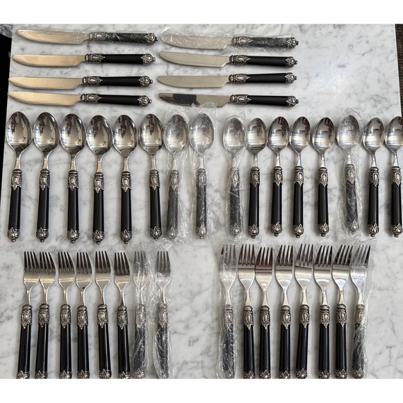 HAMPTON SILVERSMITHS San Remo Black Handle Flatware ~ Knife Fork Spoon Lot of 40